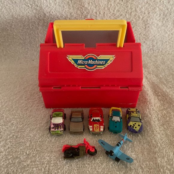 Vintage Micro Machines Toolbox with Mini Cars Motorcycle Airplane and Wheels - Picture 2 of 7